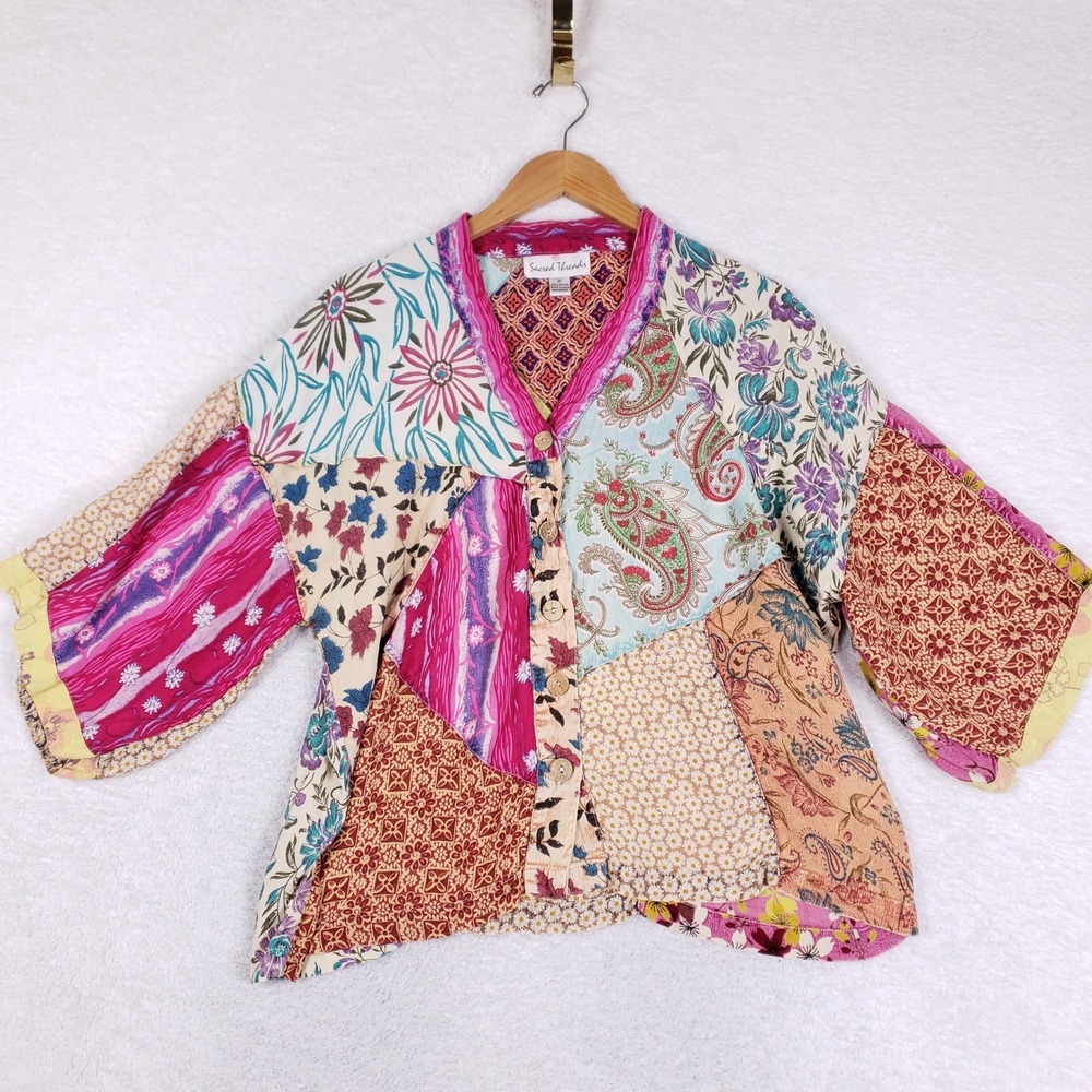 Sacred Threads Patchwork Blouse Women M Multicolor Boho Festival Cottagecore